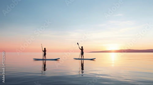 Couple paddleboarding at sunset, calm sea, silhouette, warm hues, peaceful, side viewFuturistic photo