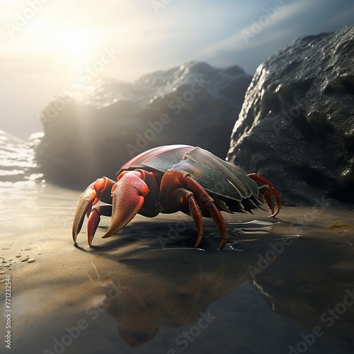 Hermit crab during low tide  rocky shore  side view  rugged environment  survival themeFuturistic