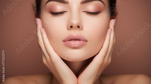 Close-up of a young woman with closed eyes, makeup, pink lips, holding her face, head with two hands on a beige background. Natural Beauty, Facial skin care, cosmetics, lipstick, cream concepts.