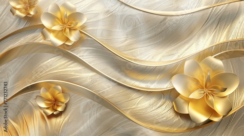 Sfondo 3D con texture dorata liscia Elegante e lussuosa combinazione d'argento accompagnata da una bella icona del fiore di gelsomino - Raccomandazioni per il design della carta da parati per interni photo