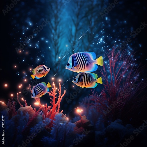 Night dive with tropical fish, illuminated under torch light, mysterious sea life, adventurous vibeFuturistic