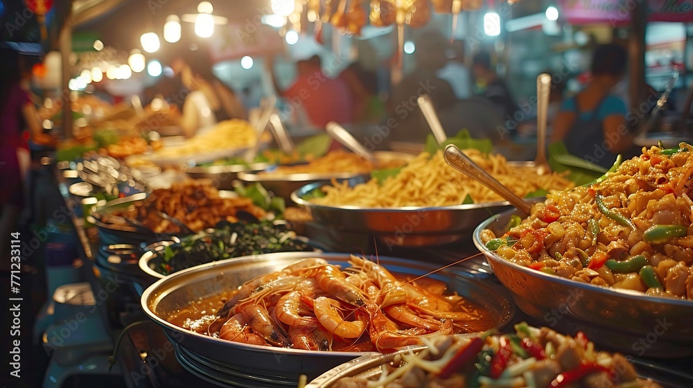 Colorful Thai street food scene, bustling with spicy, sweet, and sour sensations, ready to awaken your senses , HD, 4K, Hyper realistic, High resolution DSLR