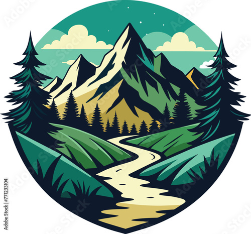 Mountain landscape with forest and river. Vector illustration in retro style.