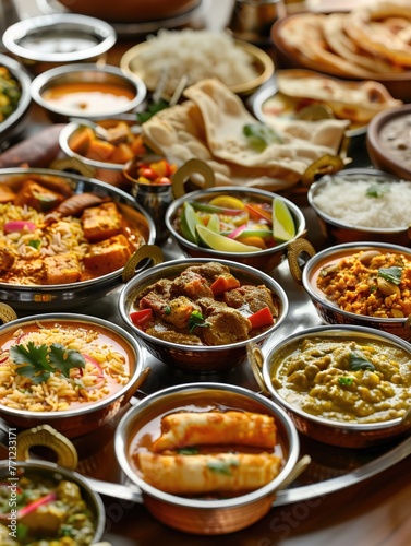 Indian thali spread  a feast for the eyes and soul  with rich curries  fragrant rice  and assorted breads   HD  4K  Hyper realistic  High resolution DSLR
