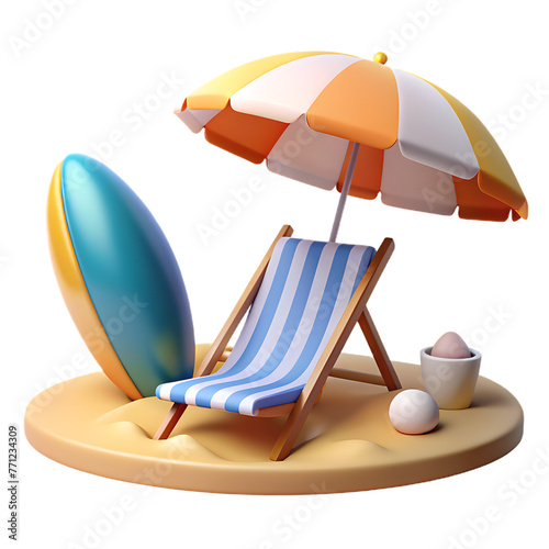 beach chairs with umbrella in realistic 3d render with transparent background