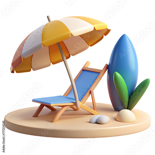 beach chairs with umbrella in realistic 3d render with transparent background photo