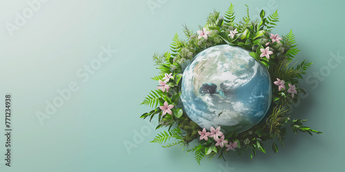 world earth day, world environment day, earth with plants flowers on white background, esg, eco-friendly