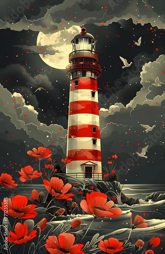 a lighthouse white and red stripes illustration