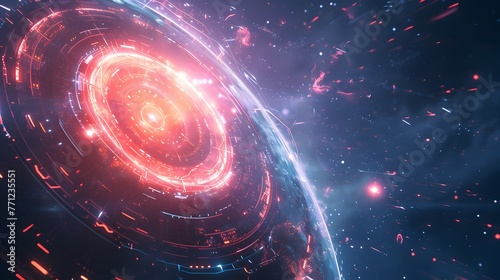  glowing red warpspeed, main elements make shields, white and blue rings, glowing spirals on the left side of the screen
