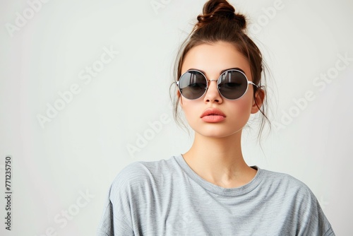 Pretty Young Woman in Oversized Sunglasses and Casual Tee photo on white isolated background