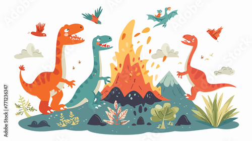 Cartoon happy dinosaurs with volcano Flat vector 