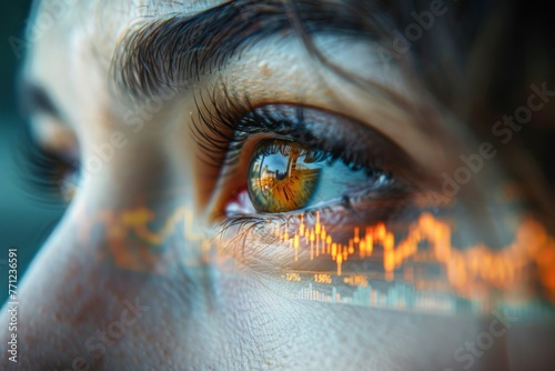 Close-up on worried eyes with reflection of falling stock market graphs
