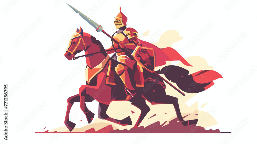 Cartoon knight riding a horse with lance Flat vector