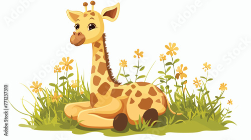 Cartoon little giraffe sitting in the grass Flat Vector