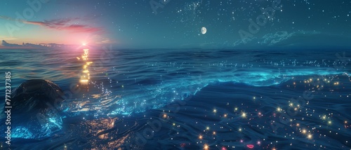 Blue beach with moonlight, sparkling stars.