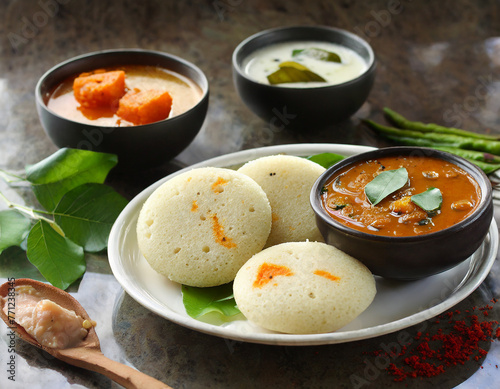 rava idli with sambar and chuney south indian vegetarian breakkfast photo