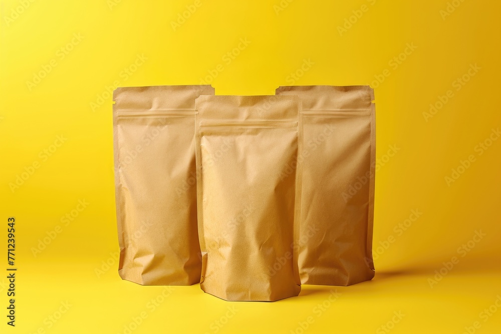 Brown kraft paper doypack bags with groceries front view on a yellow background. Brown kraft paper doypack bags with groceries front view on a yellow background.