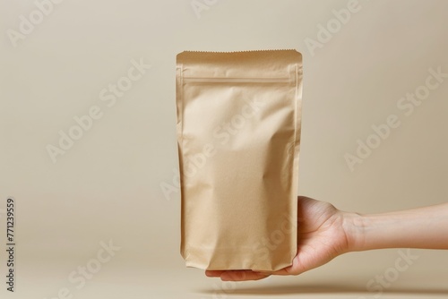 A blank paper bag with a zip lock is holding the package hand.