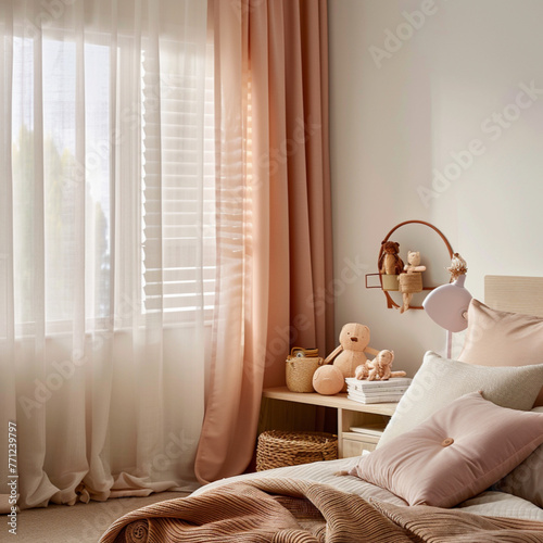 a bed room adorned with sheers and and minimalist Japandi furniture. plain curtain with pink curtains, the minimalist furniture