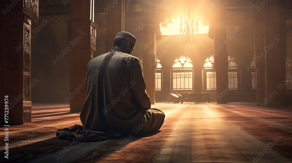 A religious Muslim prays in a mosque. Sits with his back to the camera. Sunset light.