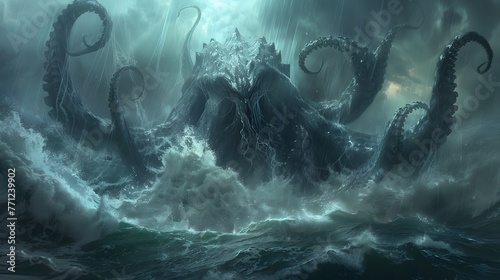 Leviathan Rising: Monumental Sea Monster Emerging Amidst a Turbulent Ocean Storm photo