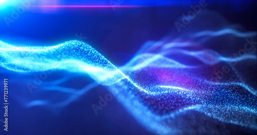 Blue energy glowing magic waves from particles of lines with light rays. Abstract background