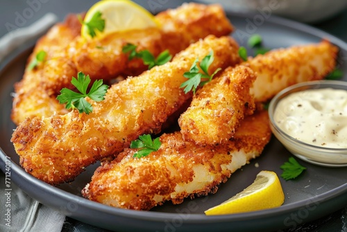 Breaded and fried fish fingers served with remoulade sauce and lemon.