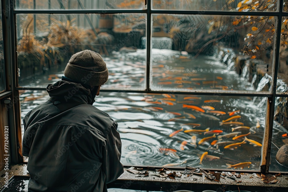 A man is watching an artificial pond with bred trout through the window.