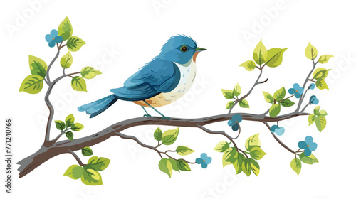 Cartoon blue bird sitting on tree branch flat vector isolated