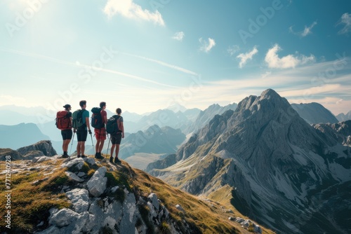 A group of friends on a hiking adventure, panoramic mountain views, capturing the spirit of friendship and exploration. Resplendent. © Summit Art Creations