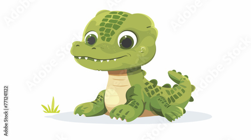 Cartoon cute baby crocodile sitting flat vector 