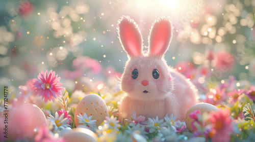 Joyful bunny surrounded by decorated Easter eggs..