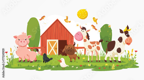 Fototapeta Naklejka Na Ścianę i Meble -  Cartoon farm animals in the barnyard flat vector isolated