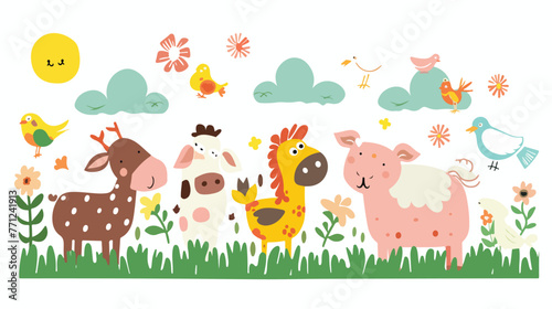 Cartoon farm animals with nature background flat vector