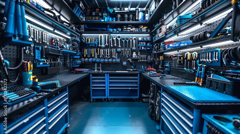tool storage cabinet, clean and well lit workshop background