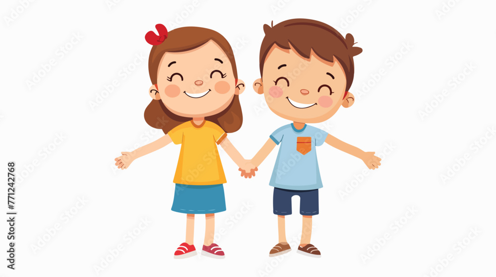 Cartoon happy boy and girl holding hands flat vector isolated