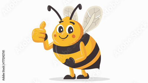 Cartoon happy bee giving thumbs up flat vector