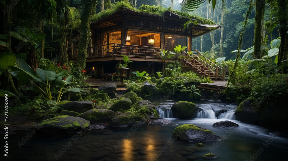 A 4K HDR adventure trip to a remote tropical rainforest, with a luxurious treehouse retreat and lush green canopy views.
