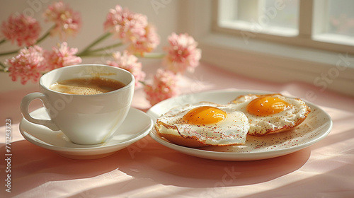 Breakfast of fried eggs on bread and coffee on the table next to the window