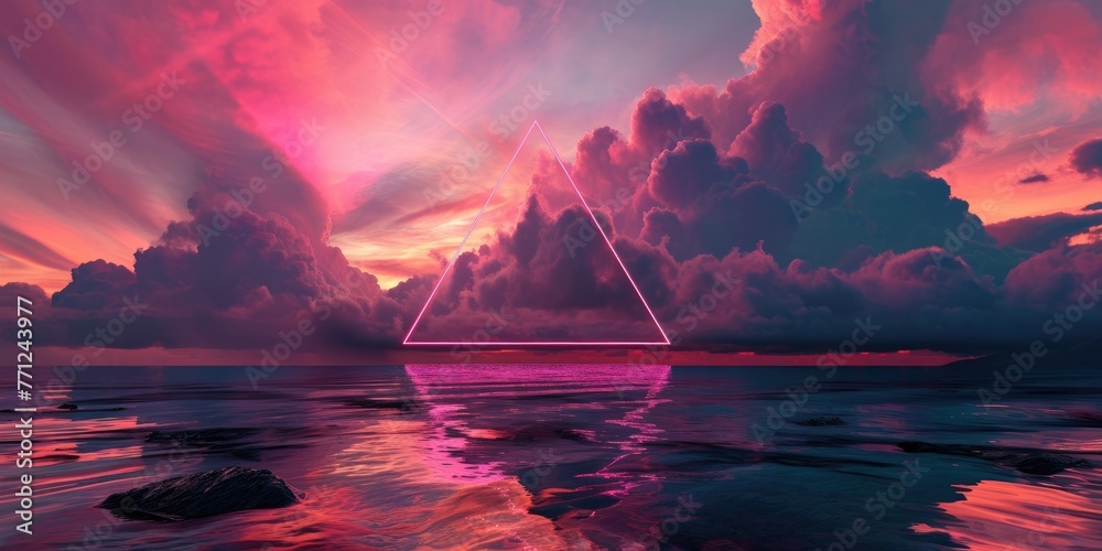 The great pinkish floating triangle beyond the ocean that surrounded with a lot amount of the tall cloud at the dawn or dusk time of the day that shine light to the every part of the picture. AIGX03. - obrazy, fototapety, plakaty 