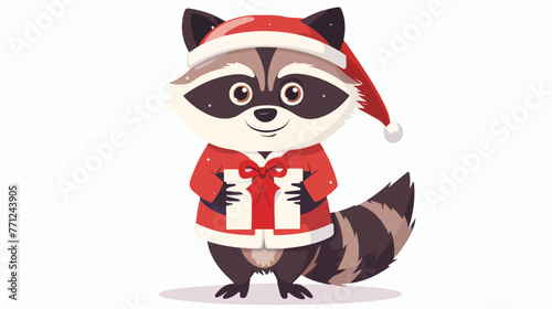 Cartoon raccoon in santa claus costume holding a gift © Roses