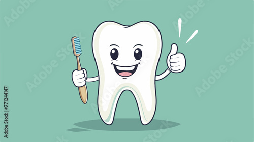 Cartoon tooth holding a tooth brush giving thumb up
