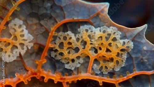 A highresolution image of a conidium spore settled on the surface of a leaf. The spore is surrounded by a halo of tiny branching filaments . AI generation. photo