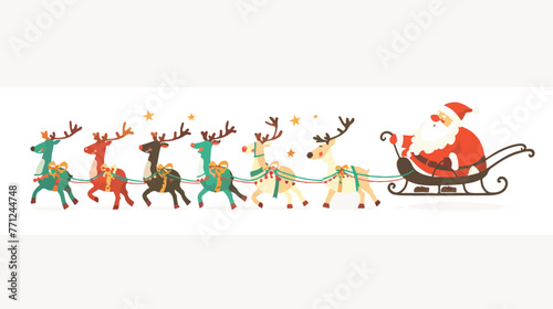 Christmas Cartoon Santa with Reindeer Sleigh flat Vector