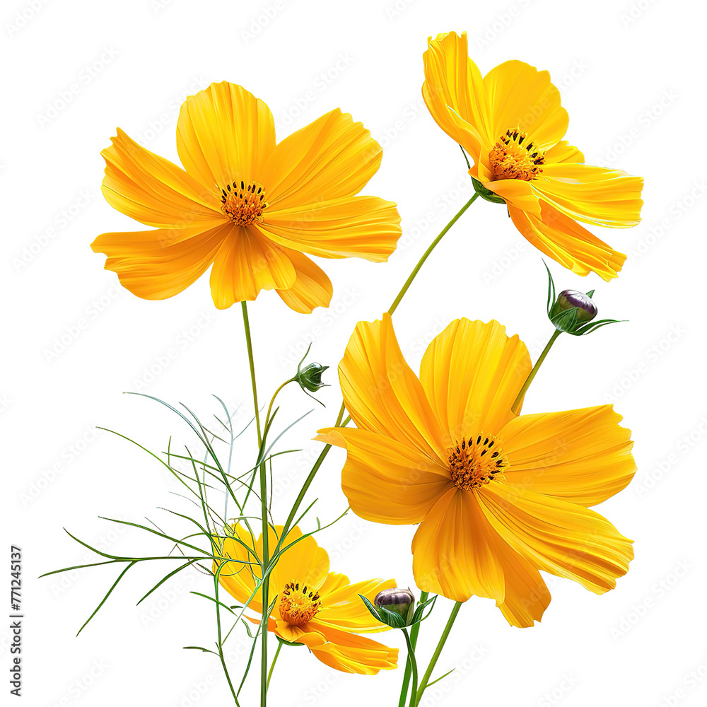 Fototapeta premium Beautiful yellow cosmos bipinnatus flower isolated on a Transparent Background. Generative AI