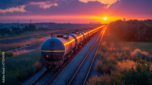 Fertilizer plant in an agricultural landscape at sunset. Railroad tanker cars stretched across the image. Night shot with lights on imposed on sunset background. photo