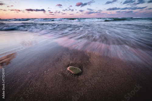 long exposure of waves crashing on beach, Indiana Dunes Park photo