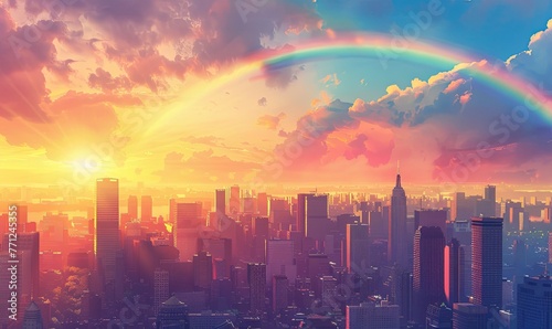 Sunset Splendor  Majestic City Skyline under a Vibrant Rainbow