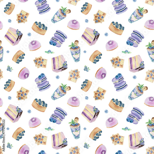 Watercolor seamless pattern with blueberry confections: cupcakes,cake, muffin. Berries. Blueberries. © filipok1988