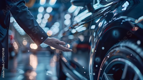 The symbol of the guarantee of high-quality service is the hand of a master business driver, confidently inspecting the technical condition of the car, emphasizing reliability and professionalism.